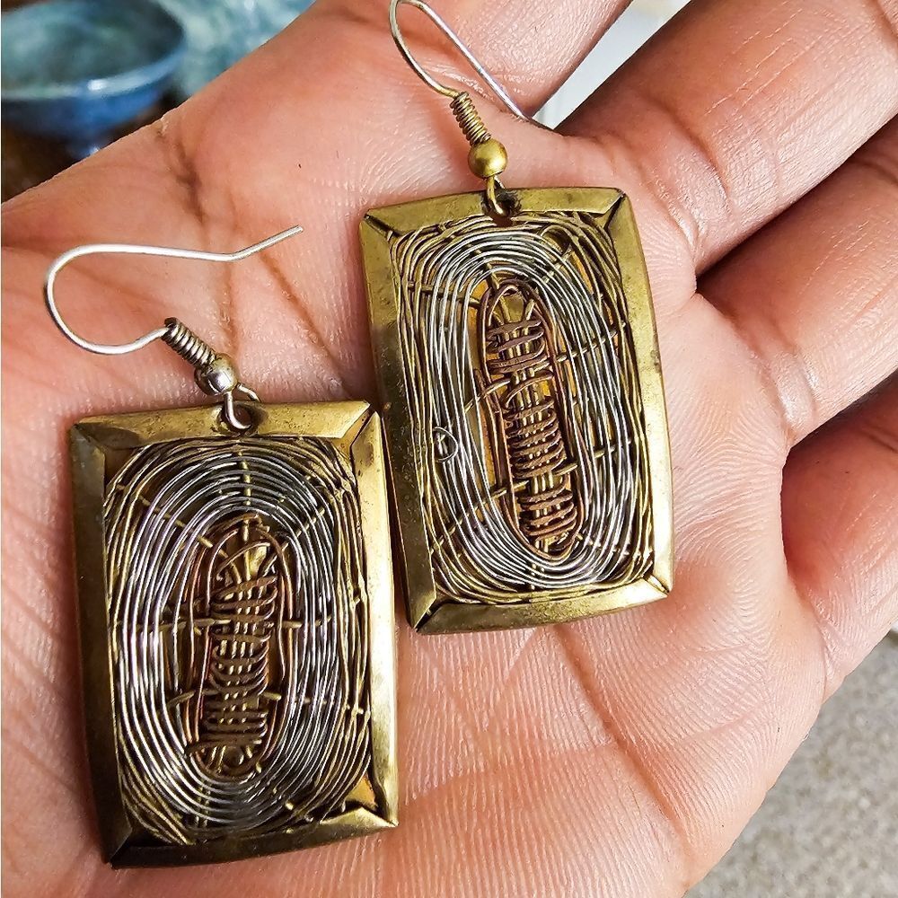 Handmade 3 Tone Weave French Wire Detail Artisan Dangle Earrings.